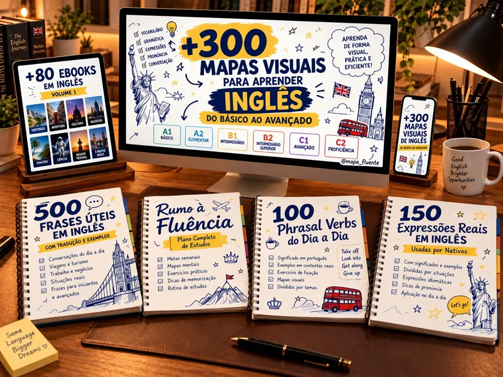 Mockup do Kit Completo de Inglês Visual: +300 mapas visuais no computador, ebooks no tablet, versão no celular e cadernos de bônus